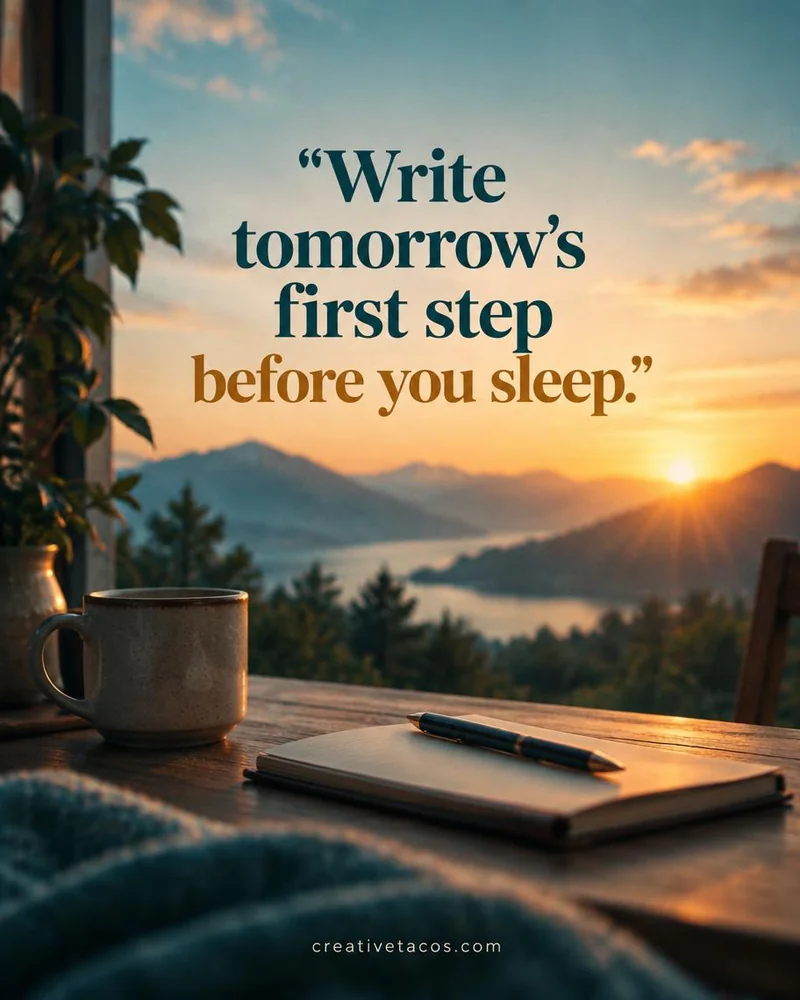 Quote card: Write tomorrow's first step before you sleep.