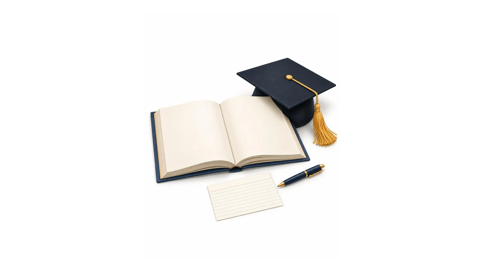 White background illustration of a yearbook, cap, and handwritten senior quote card.