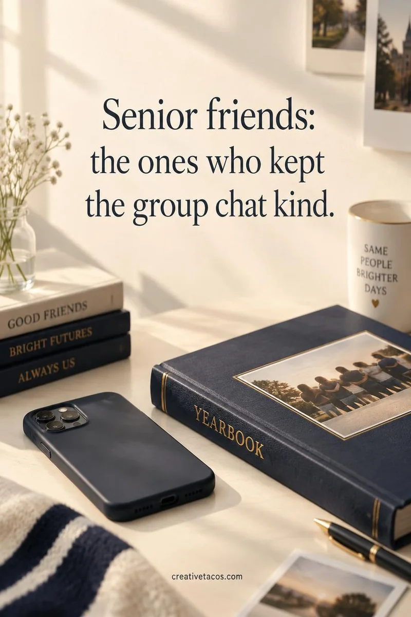 Quote card: Senior friends: the ones who kept the group chat kind.