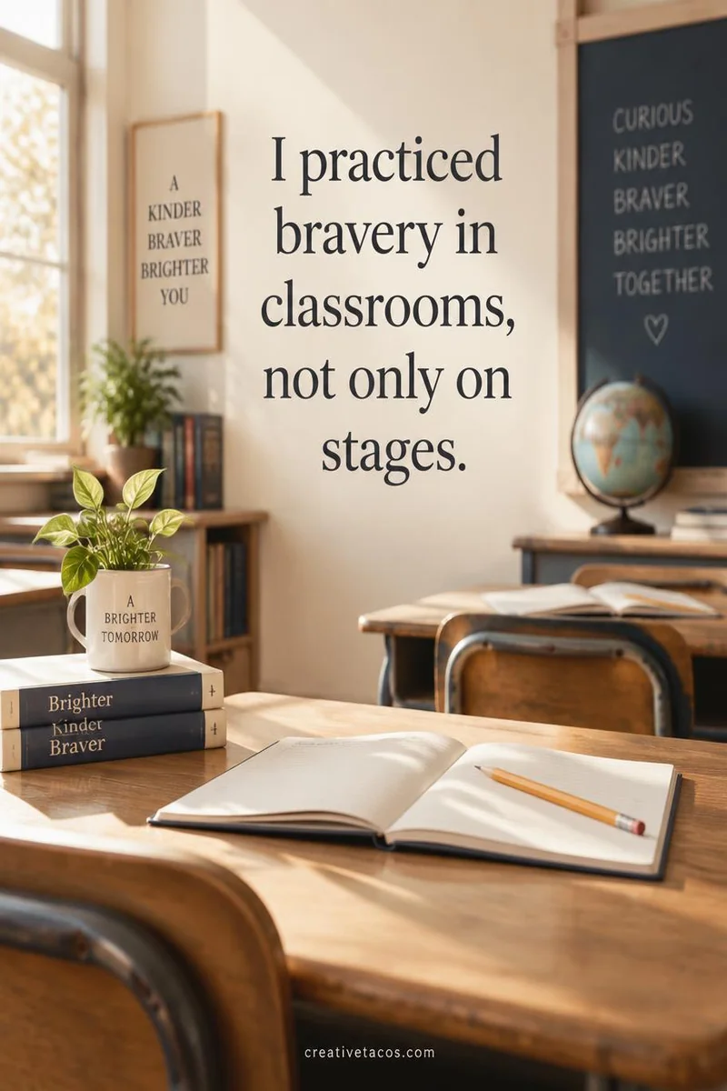 Quote card: I practiced bravery in classrooms, not only on stages.