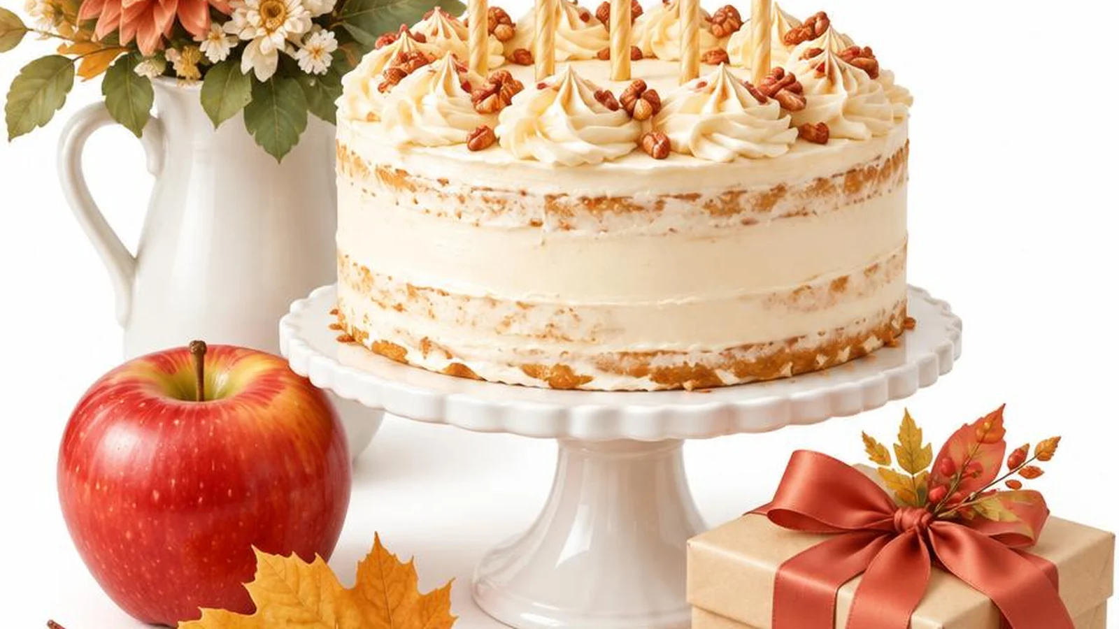White-background September birthday illustration with cake, apple, and early fall leaves.
