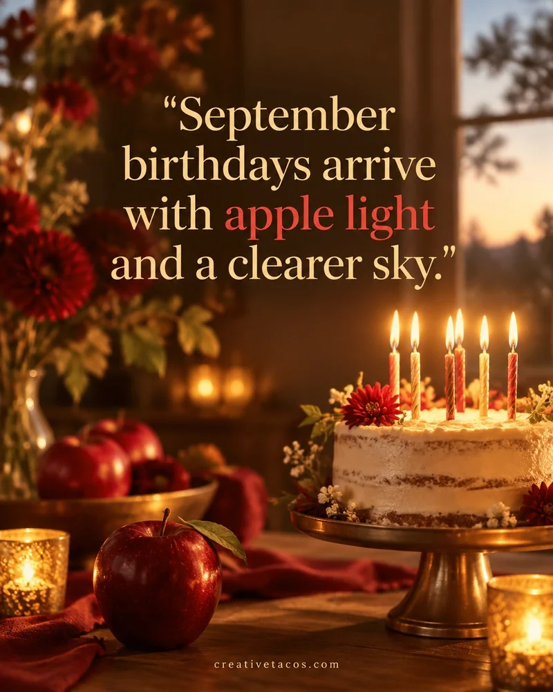 Quote card: September birthdays arrive with apple light and a clearer sky.