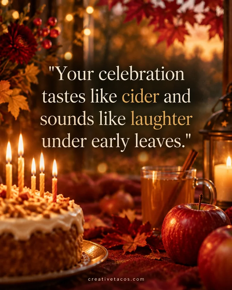 Quote card: Your celebration tastes like cider and sounds like laughter under early leaves.