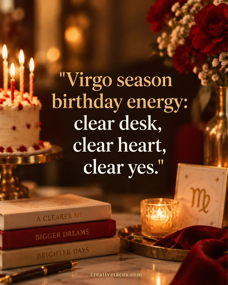 Quote card: Virgo season birthday energy: clear desk, clear heart, clear yes.
