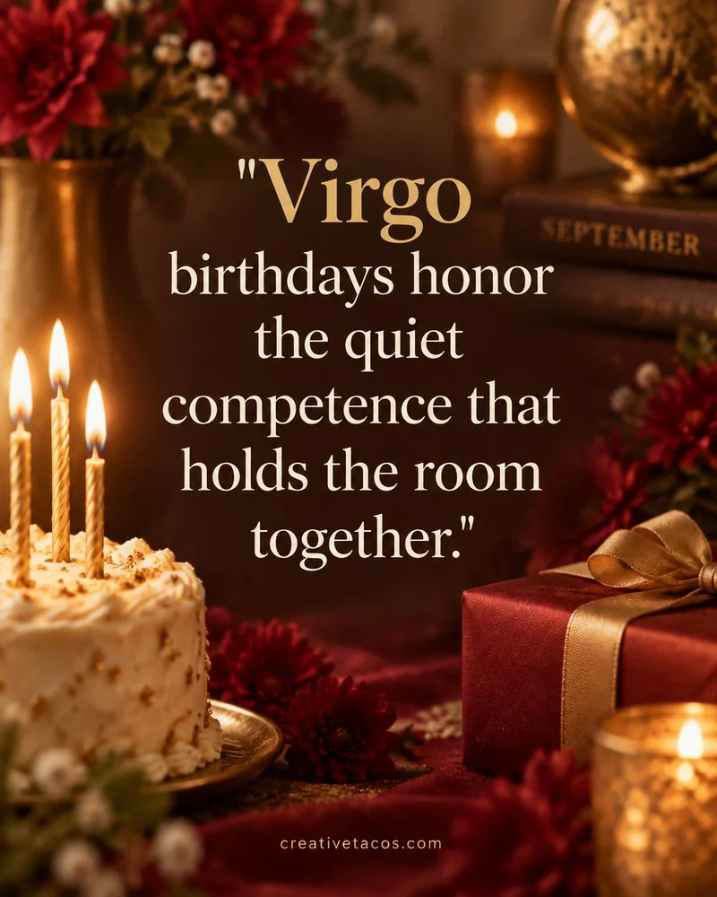 Quote card: Virgo birthdays honor the quiet competence that holds the room together.