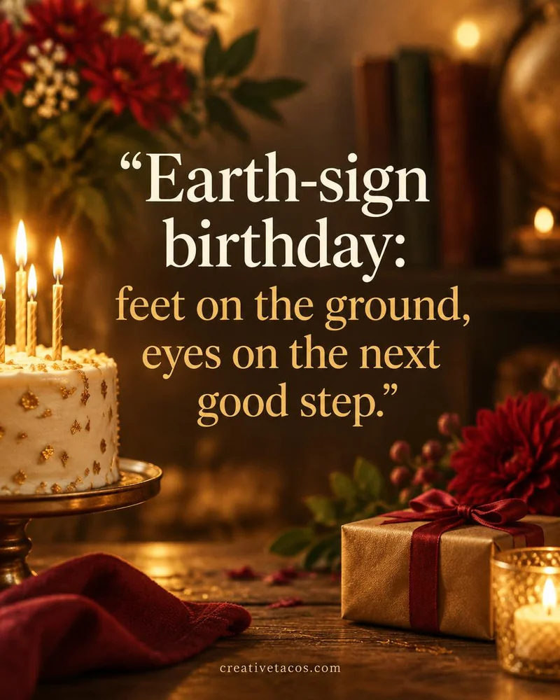 Quote card: Earth-sign birthday: feet on the ground, eyes on the next good step.