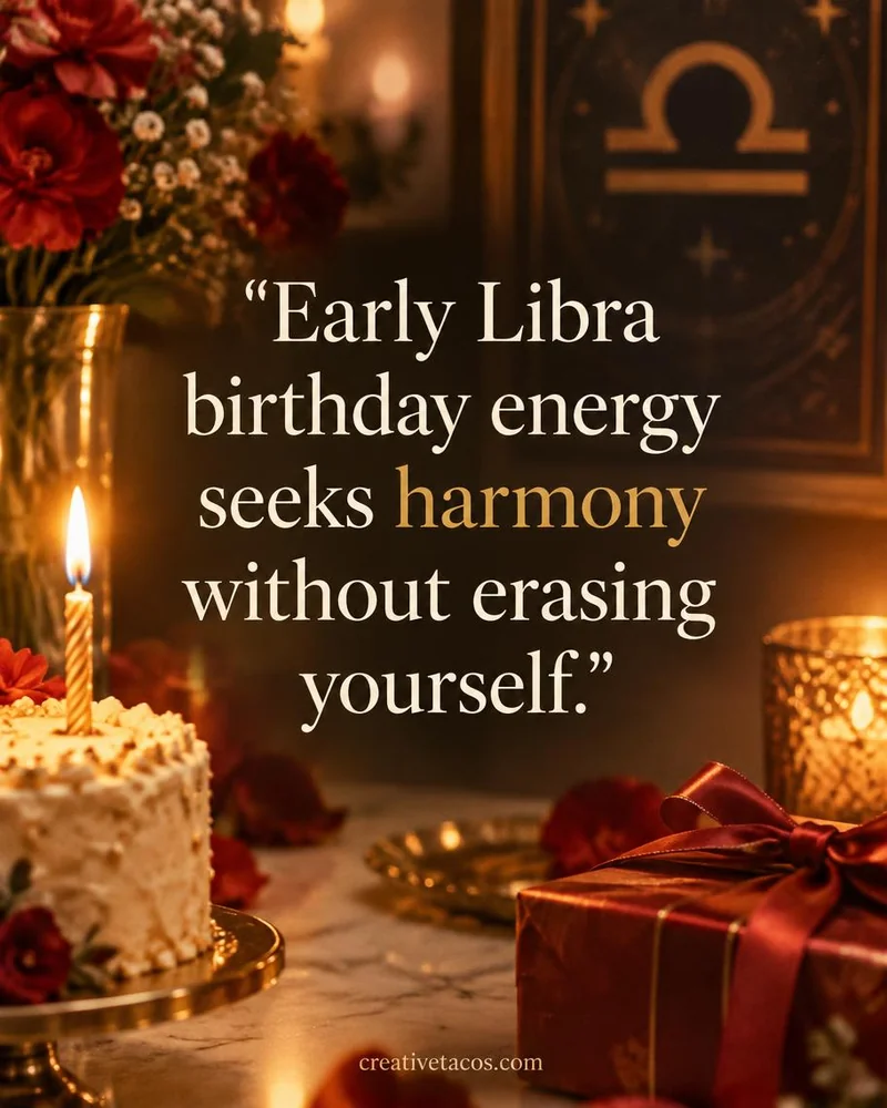 Quote card: Early Libra birthday energy seeks harmony without erasing yourself.