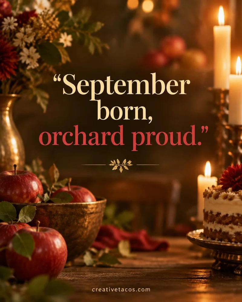 Quote card: September born, orchard proud.