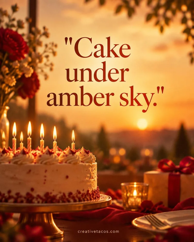 Quote card: Cake under amber sky.