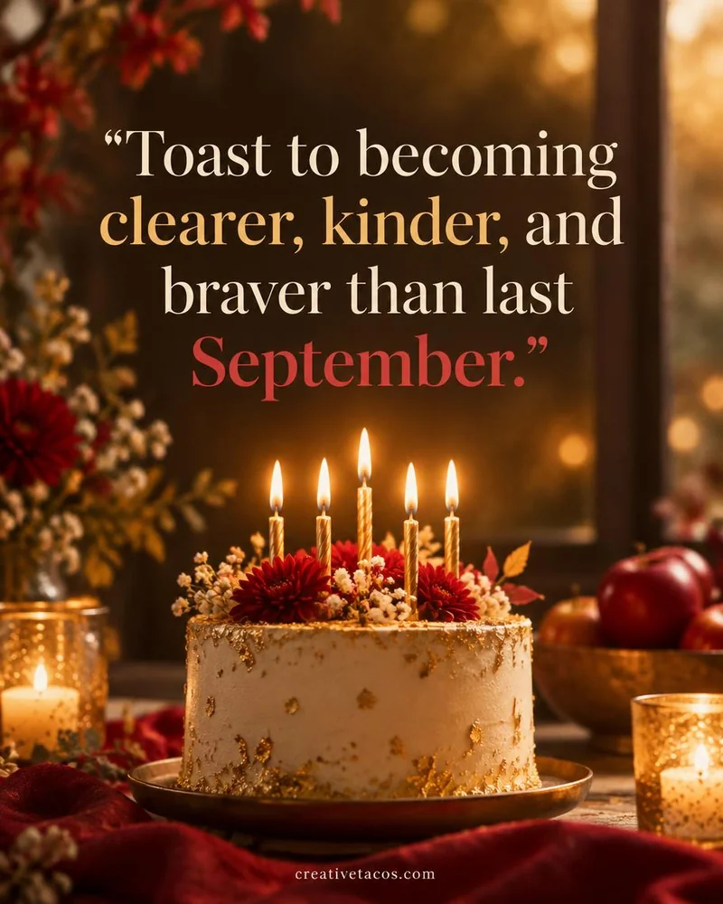 Quote card: Toast to becoming clearer, kinder, and braver than last September.