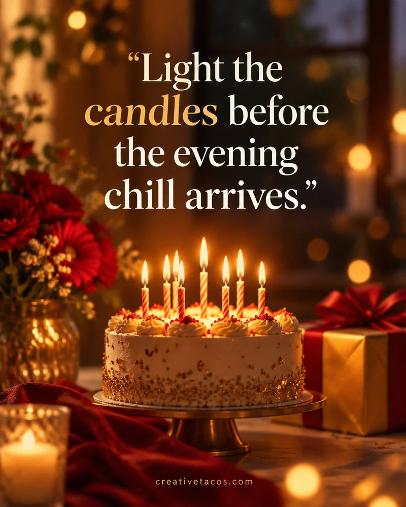 Quote card: Light the candles before the evening chill arrives.