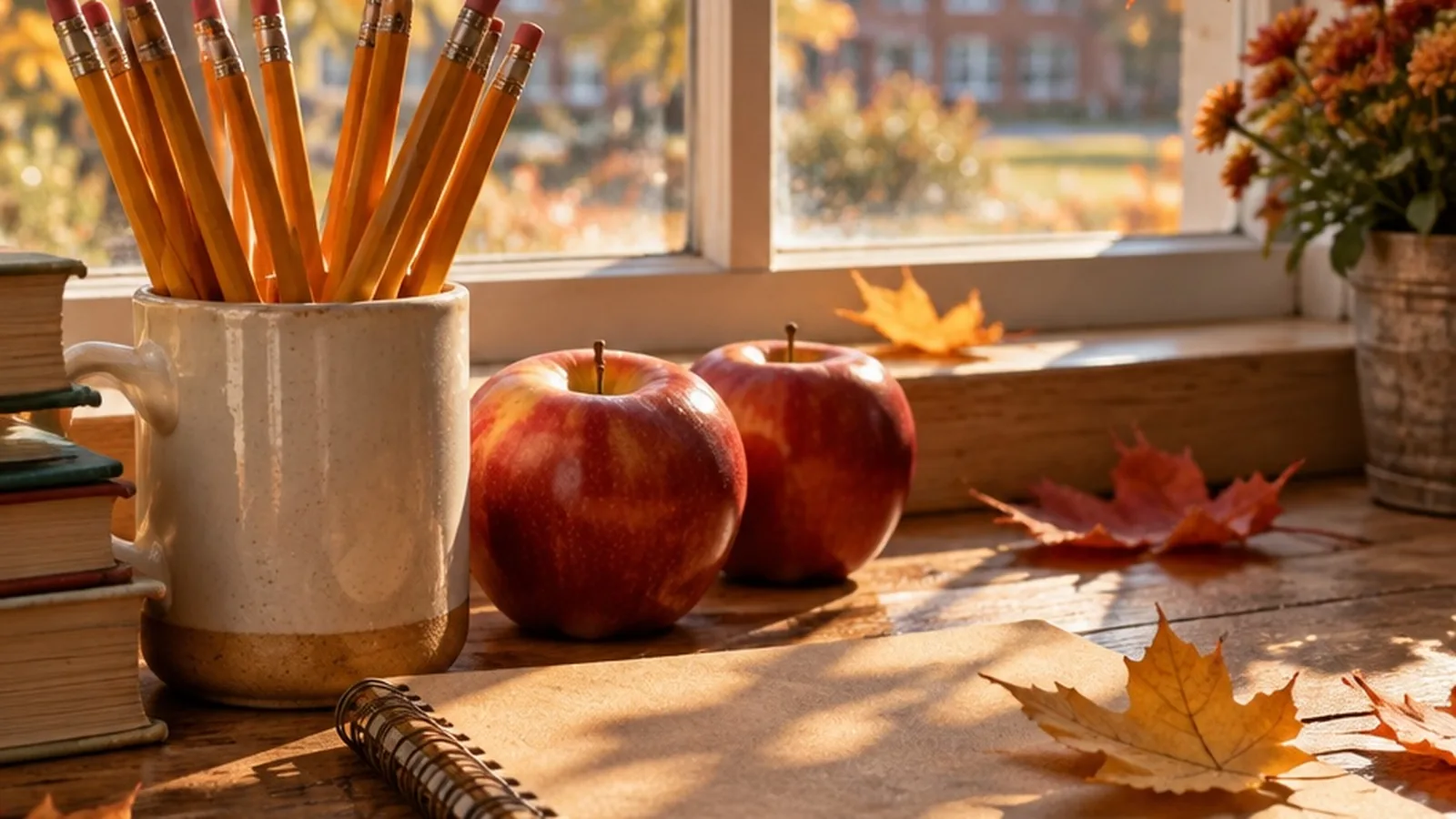 A golden September classroom window with pencils, apples, and falling maple leaves on a wooden sill.