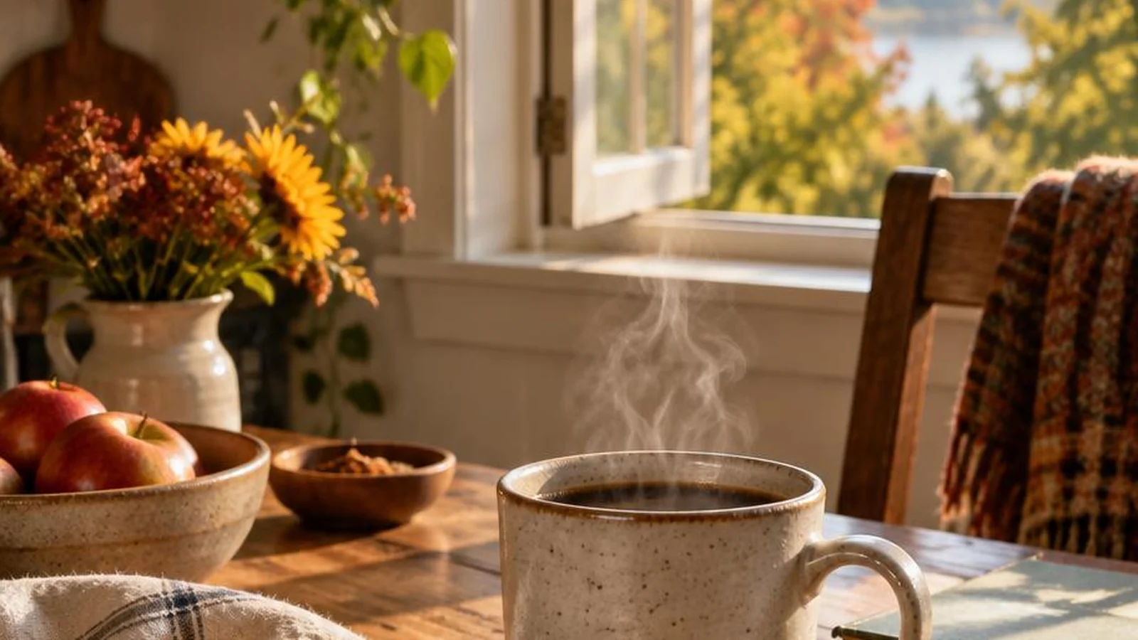 Early September morning light on a kitchen table with coffee and an open window.