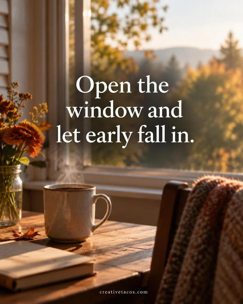 September morning quote card with coffee steam, cooler light, and a creativetacos.com footer