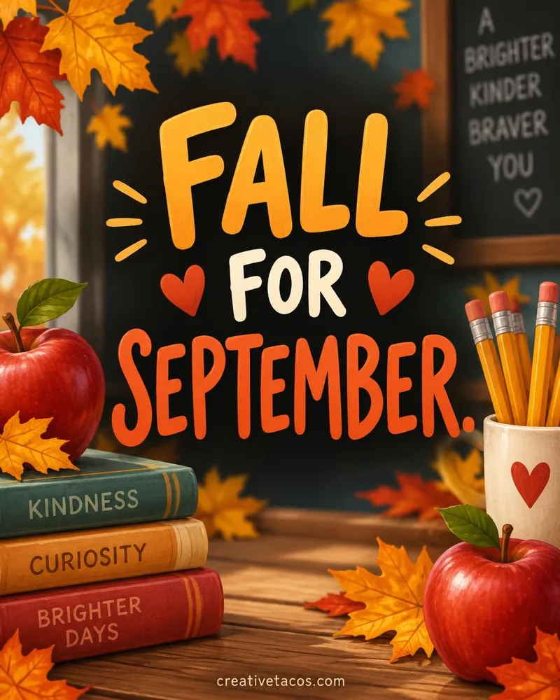 Pun card that says Fall for September with apples, pencils, and a creativetacos.com footer