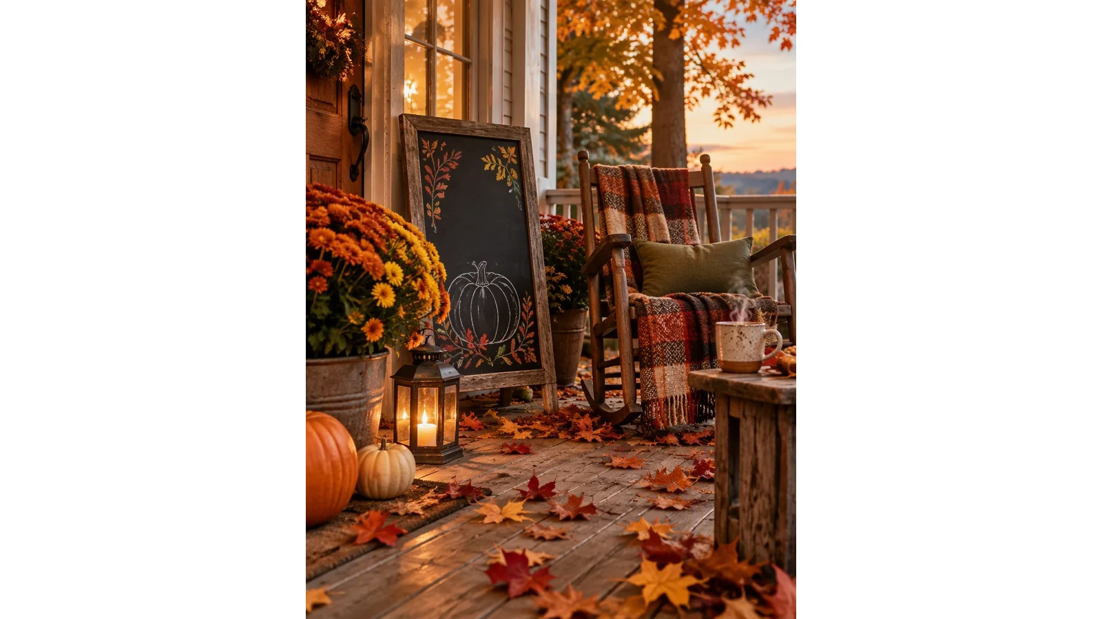 Autumn chalkboard with leaves and a warm mug nearby.