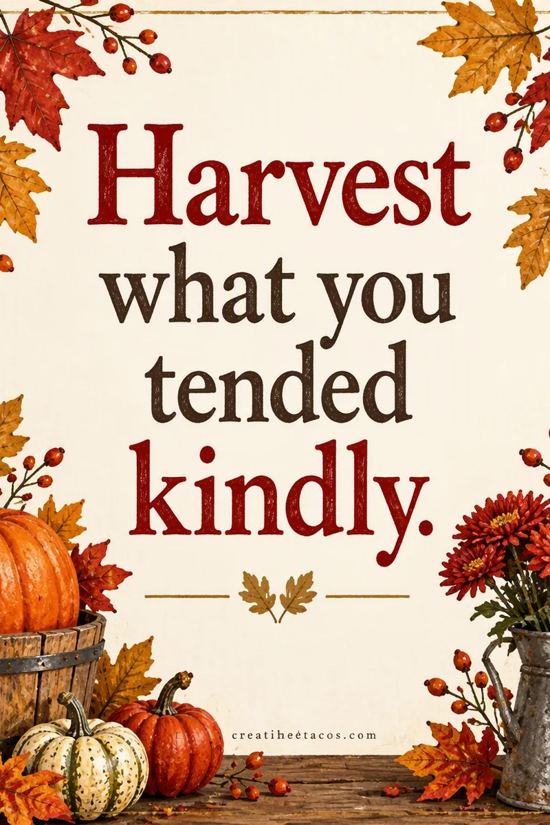 Quote card: Harvest what you tended kindly.