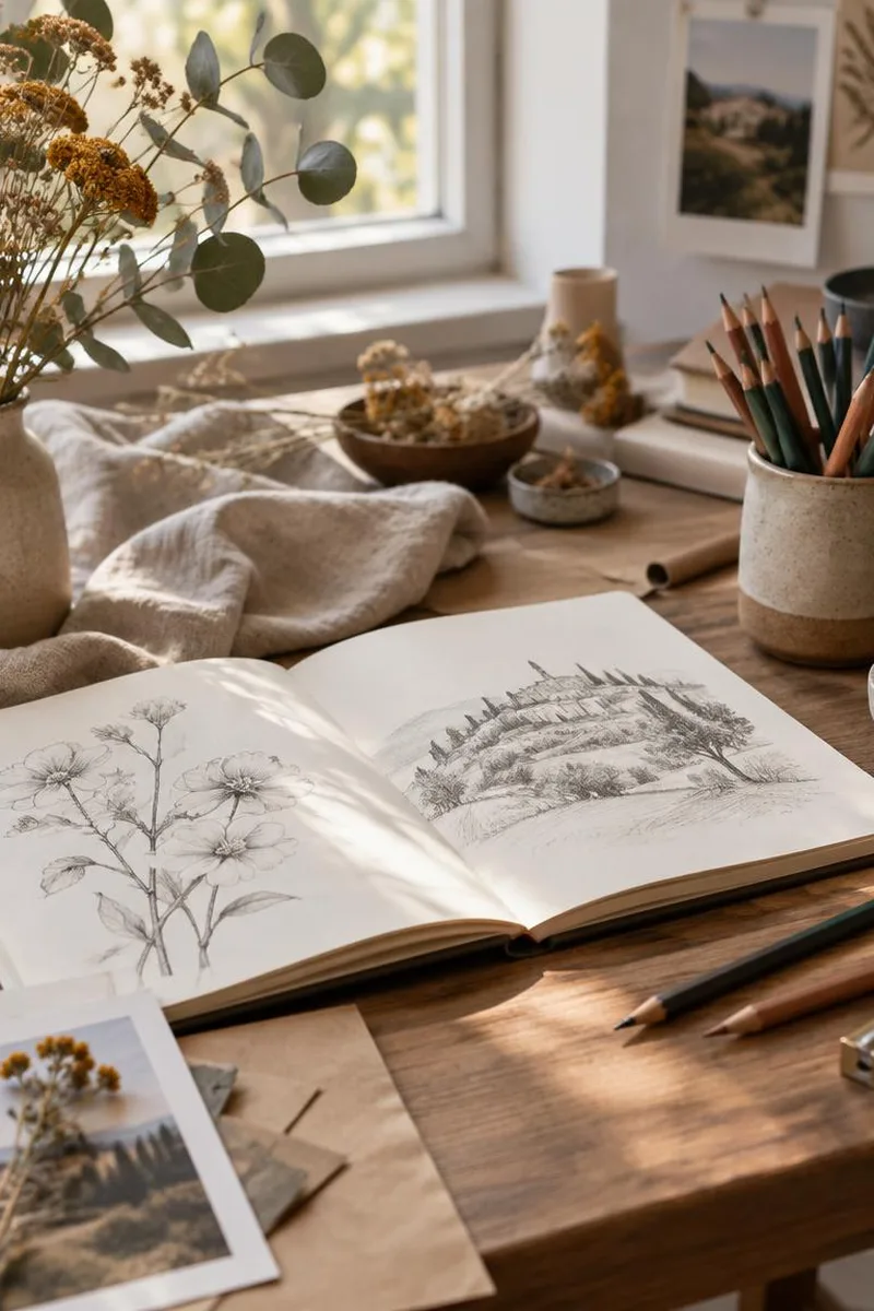 Studio desk with notebook, pencils, and soft light for creative Instagram bios