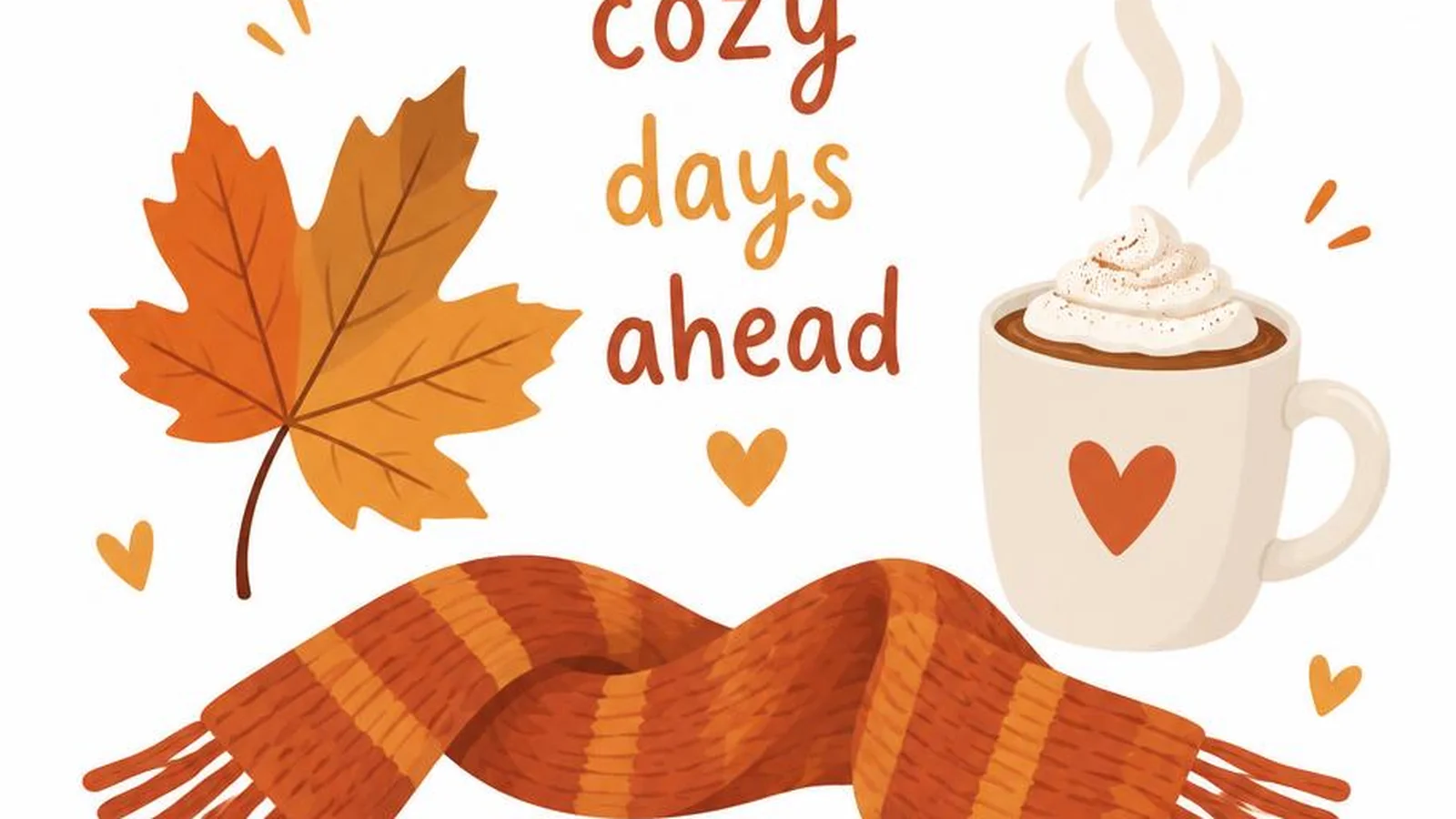 Clean illustration of a maple leaf, mug, and scarf icons on a white background for short fall quotes.
