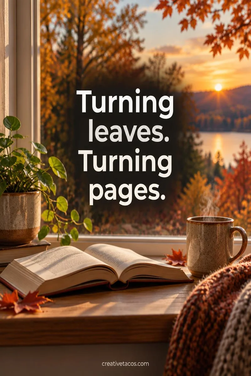 Quote card: Turning leaves. Turning pages.