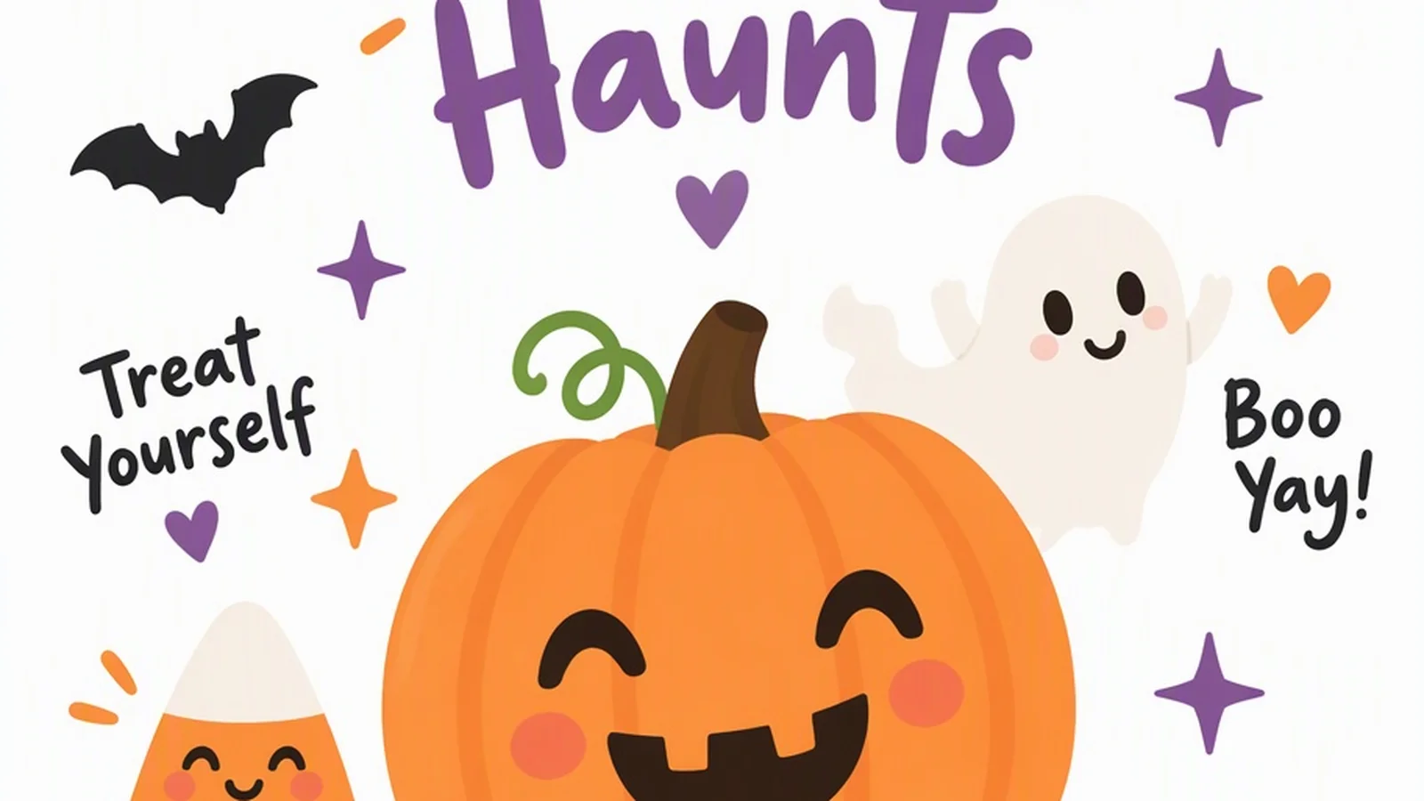 Clean illustration of a friendly pumpkin, candy, and soft ghost icons on white for short Halloween quotes.