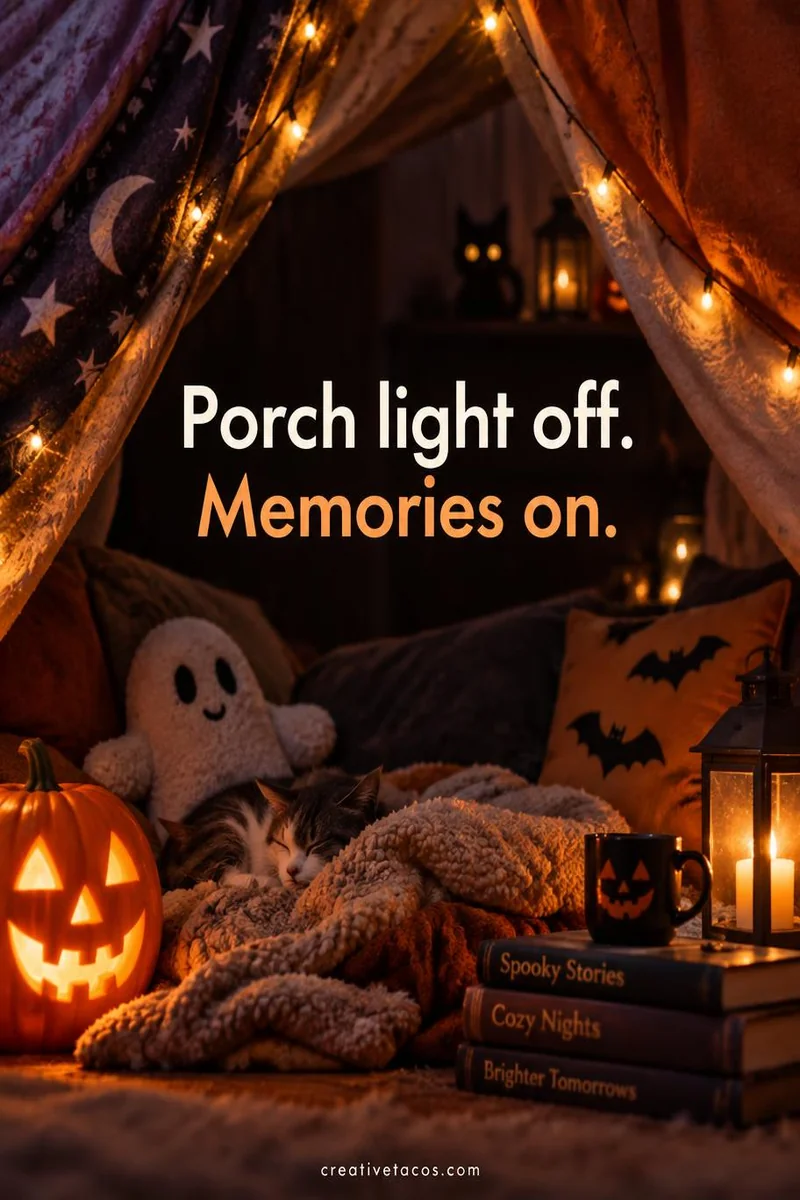Quote card: Porch light off. Memories on.