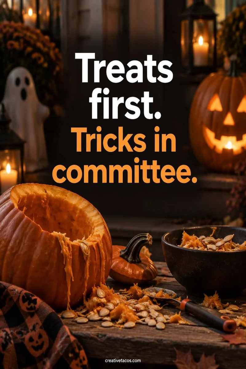 Quote card: Treats first. Tricks in committee.