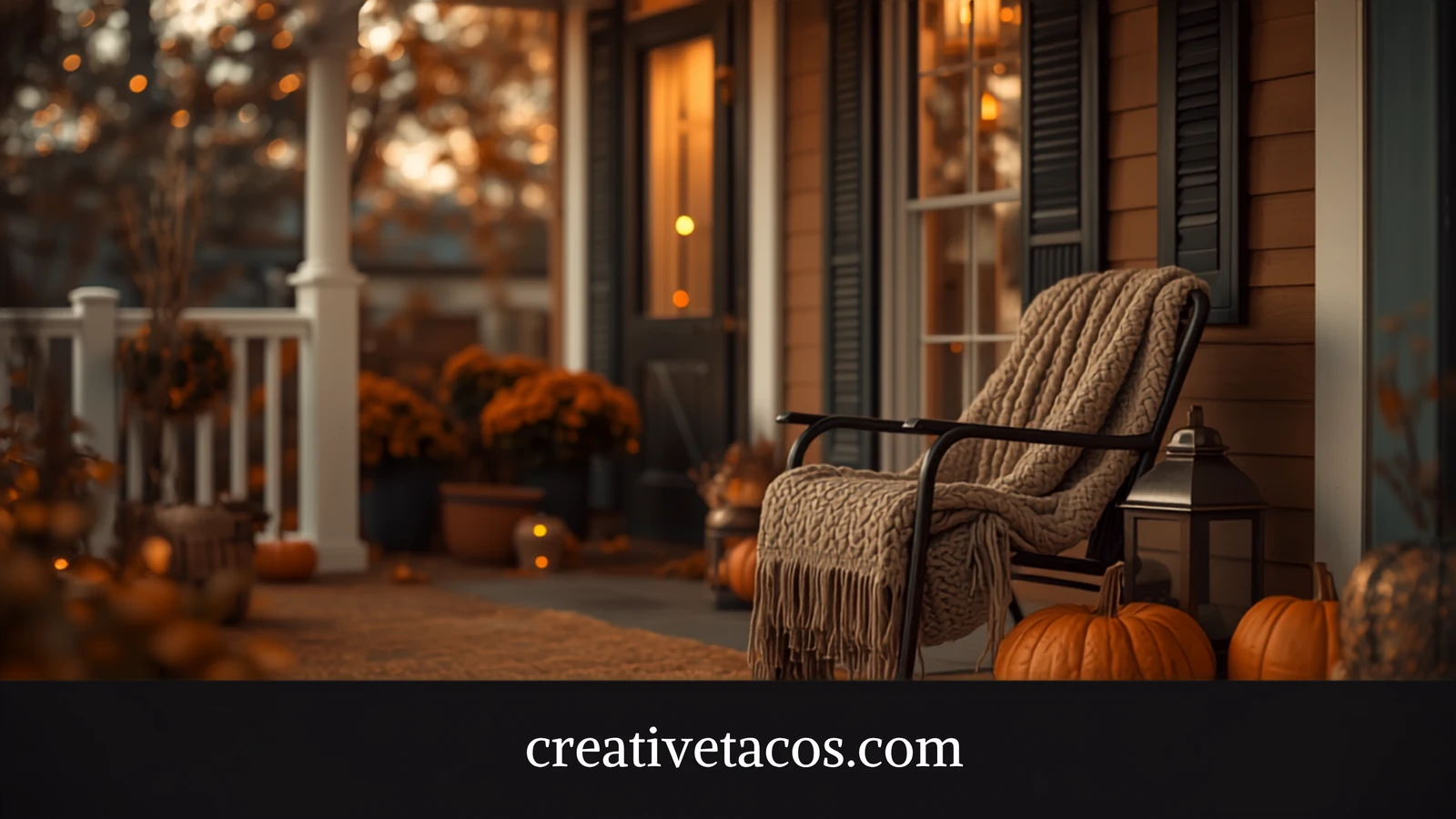 Cozy Halloween porch with pumpkins and soft golden lantern glow at dusk.