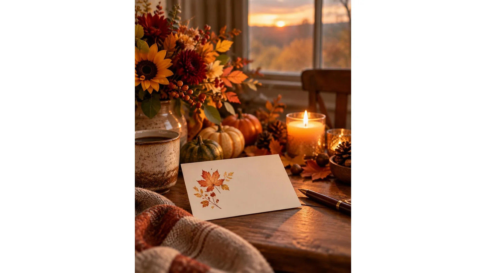 Warm Thanksgiving table with soft candlelight and a handwritten gratitude note.