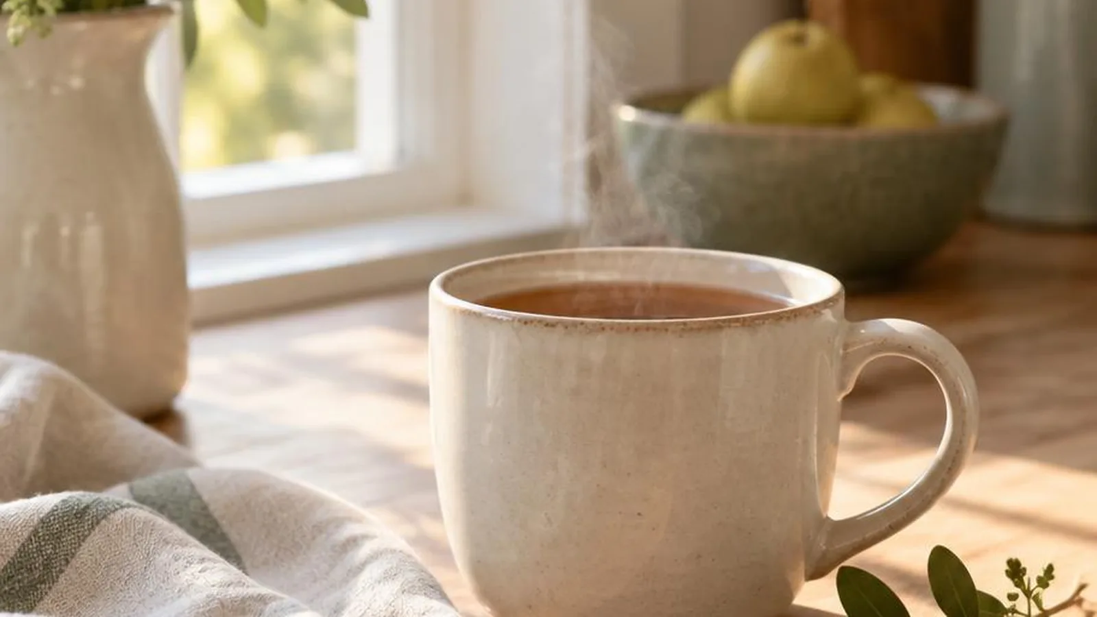 A calm kitchen pause with a warm mug and soft daylight for a short mindfulness practice