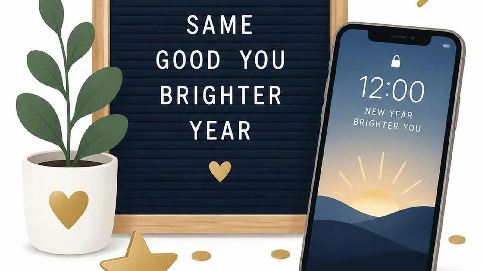 Clean illustration of a letter board and phone lock screen with New Year stubs on a white background.