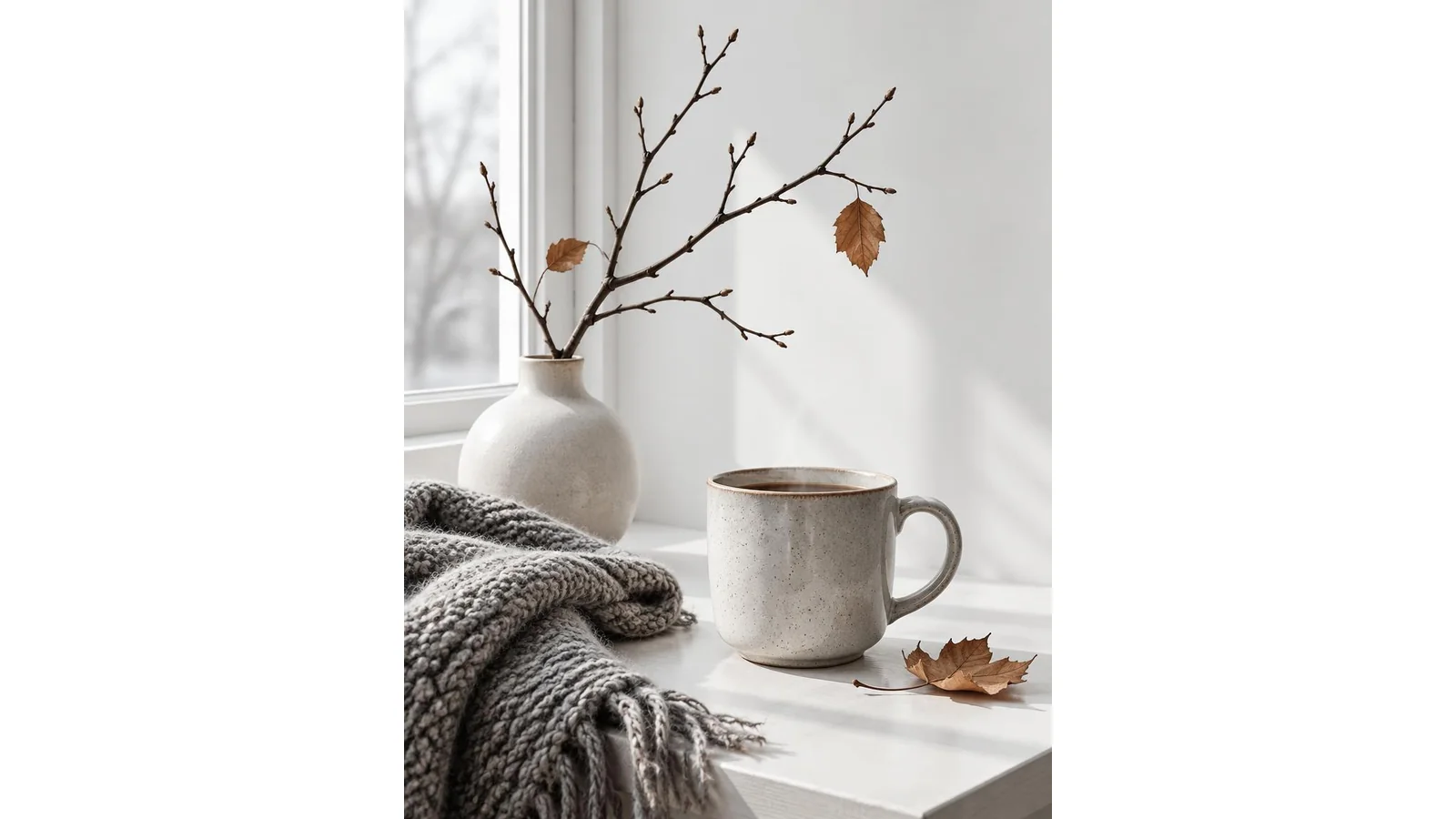 Short November scene with bare branch, mug, and soft gray light on clean white background