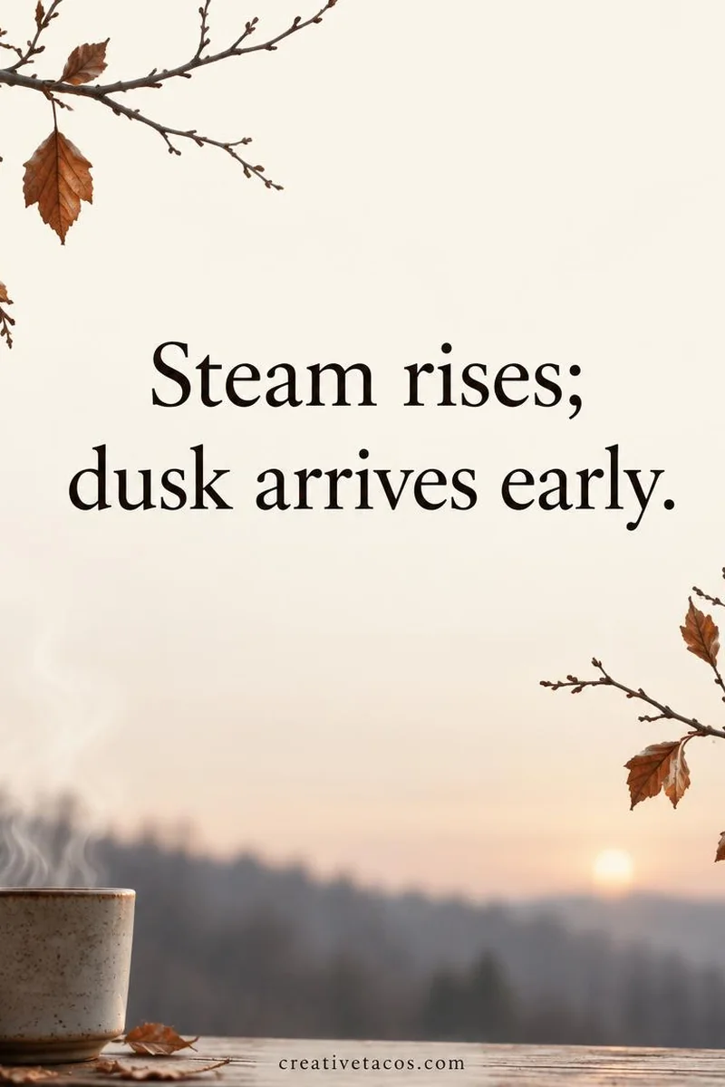 Quote card: Steam rises; dusk arrives early.