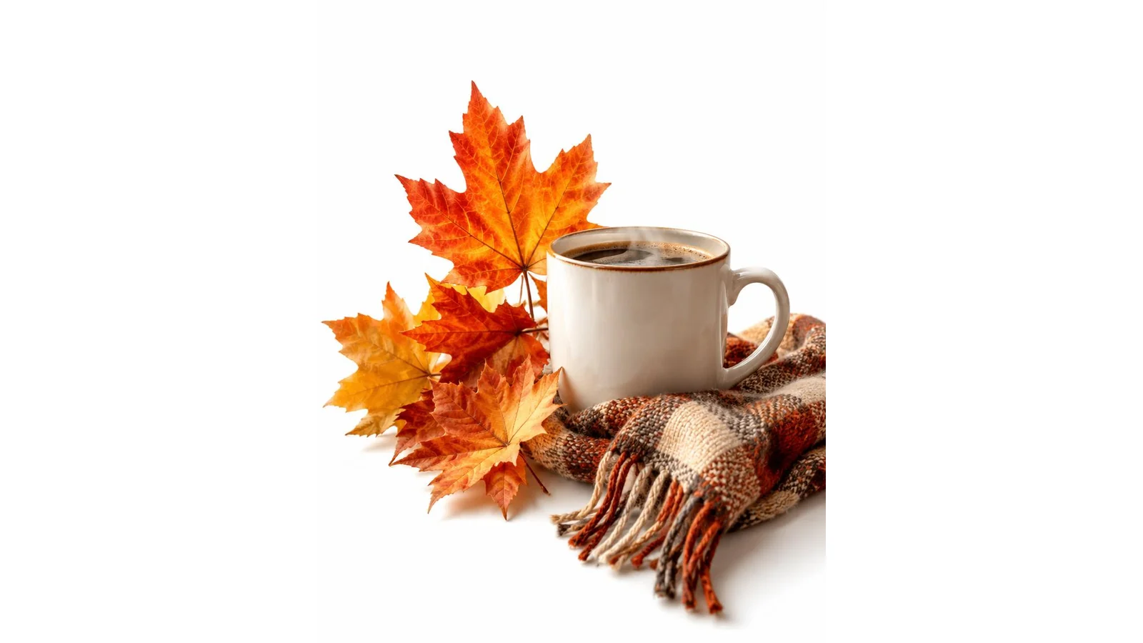 Short October scene with maple leaves, coffee mug, and soft autumn light on clean white background