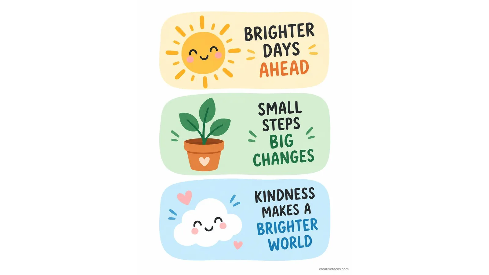 Bright illustration of short positivity quote cards on a clean white background