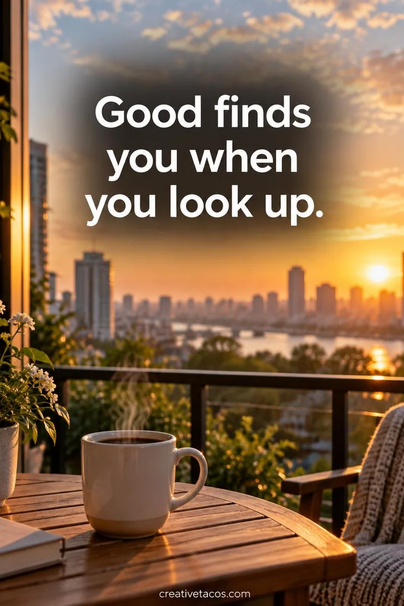 Quote card: Good finds you when you look up.