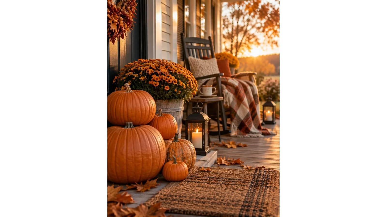 A porch stack of small pumpkins in soft autumn light.