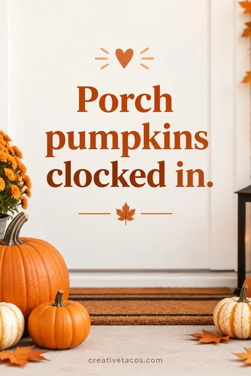 Quote card: Porch pumpkins clocked in.