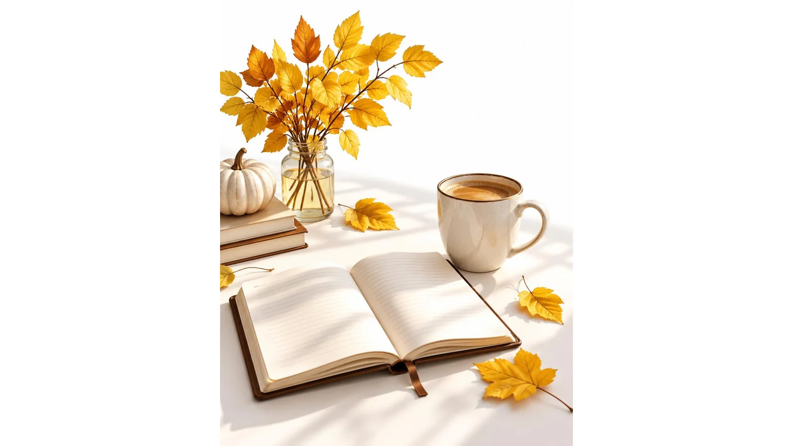 Short September scene with yellow leaves, notebook, and morning light on clean white background