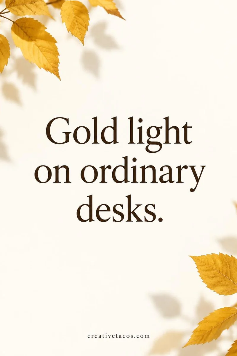 Quote card: Gold light on ordinary desks.