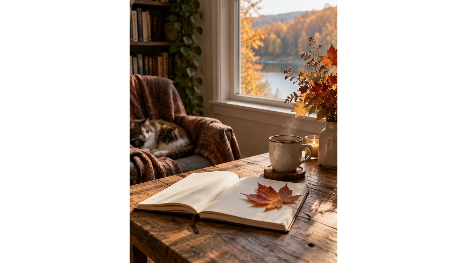 Quiet autumn window light on a notebook and a fallen leaf.