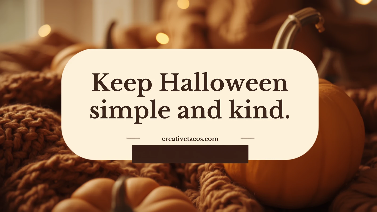 Warm cozy Halloween letter board scene with pumpkins and soft indoor glow.