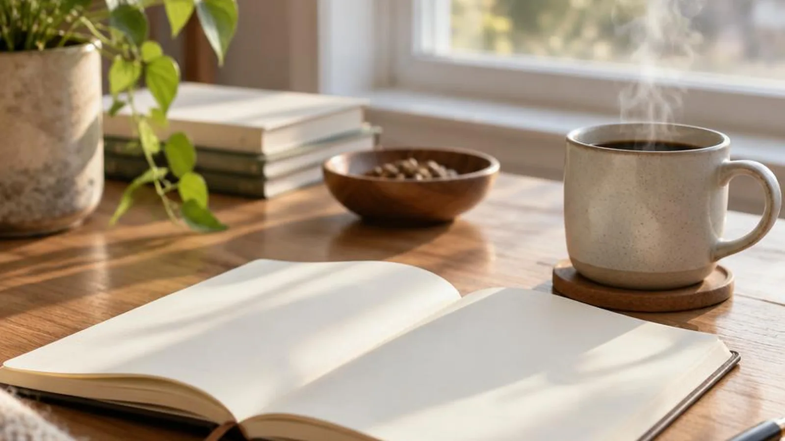 Quiet desk with notebook, coffee, and soft morning light for grown-up life lessons
