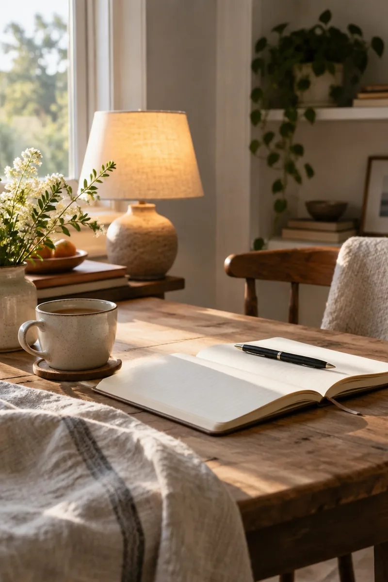 Notebook and warm light on a calm table for practical grown-up life lessons