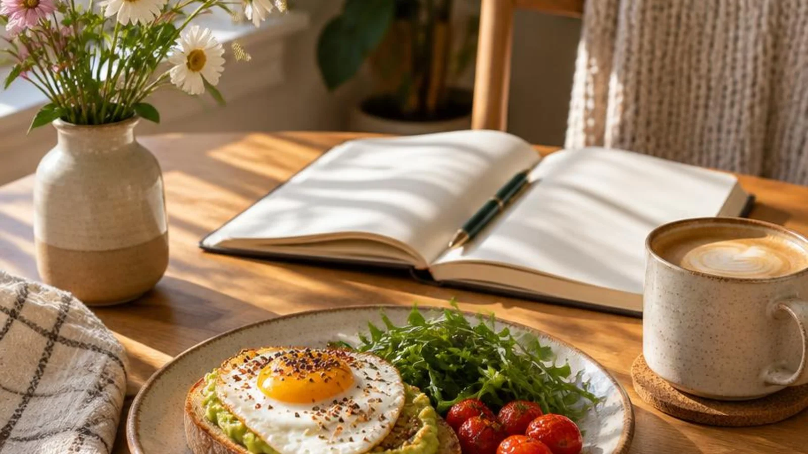 Solo breakfast table with one plate, flowers, and a journal for single and happy Instagram bio ideas