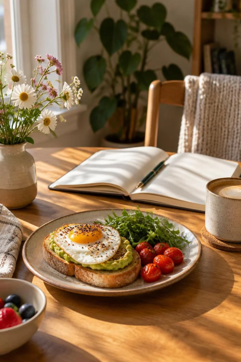 Solo breakfast table with one plate, flowers, and a journal for single and happy Instagram bios