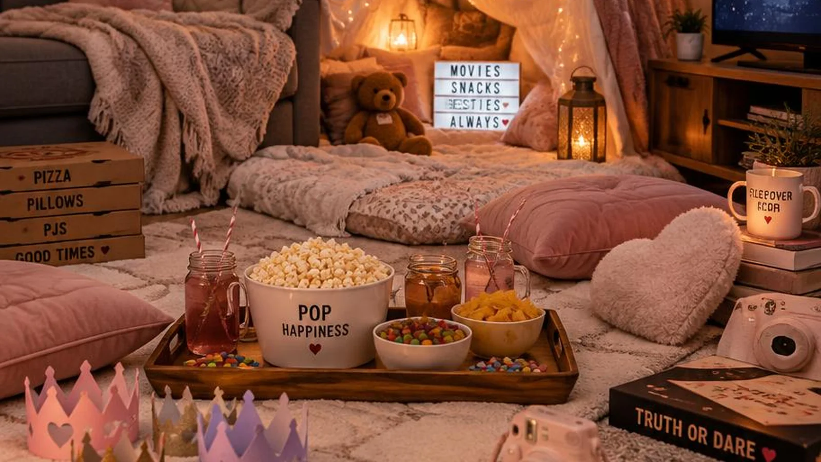 Cozy teen sleepover living room with fairy lights pillows snacks and playful harmless surprise props