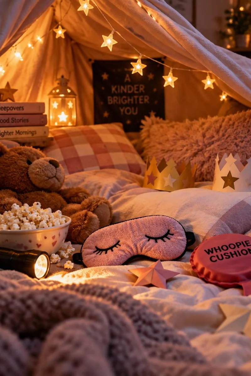 Cozy sleepover fort with fairy lights paper crowns and gentle prank props