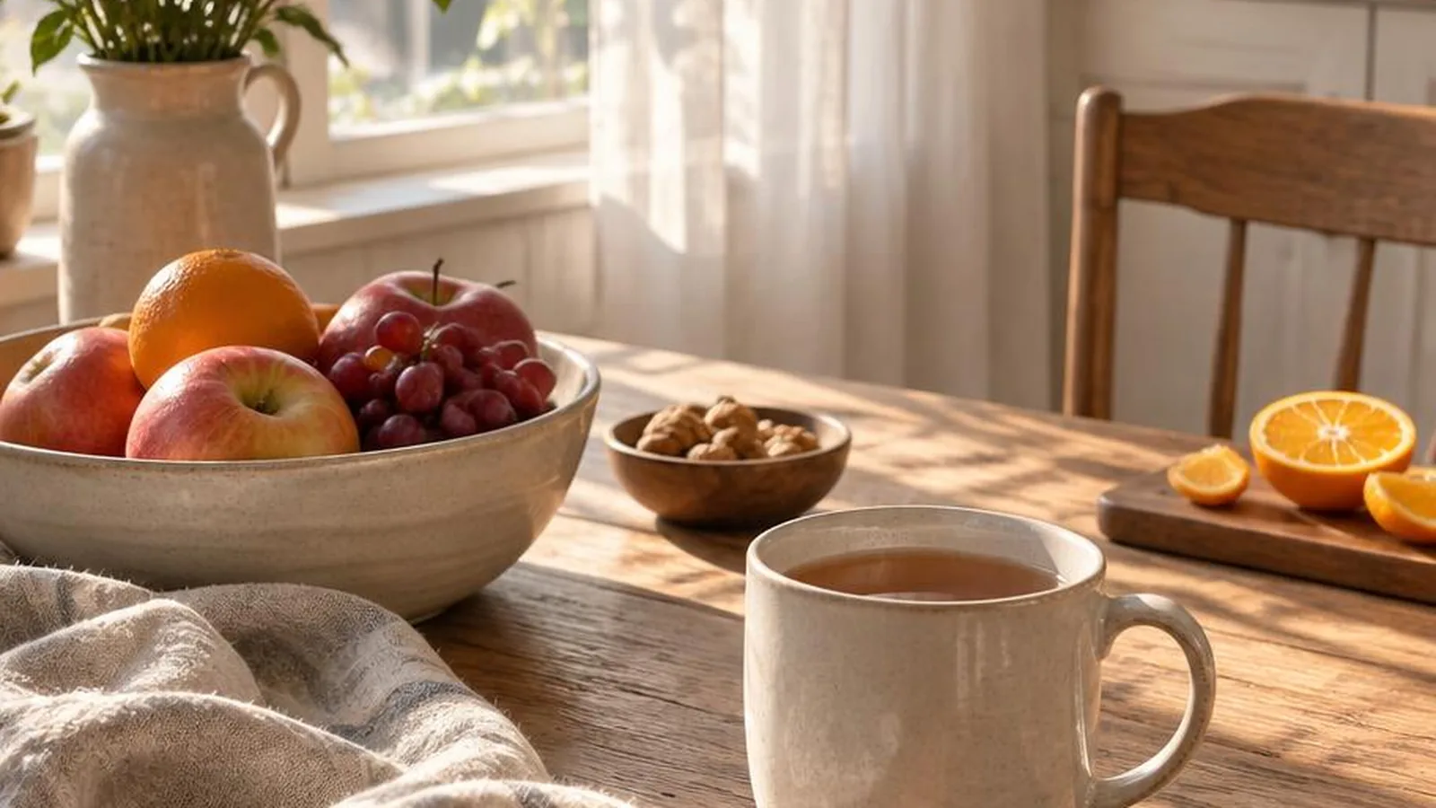 Sunlit kitchen table with tea and fruit suggesting slow living for busy days