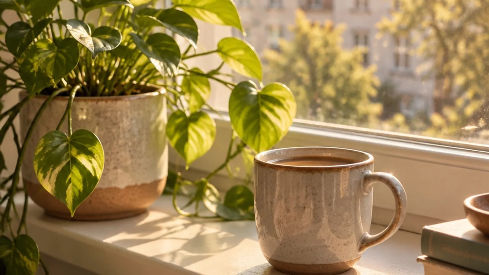 Sunlit windowsill with a mug and small plant for everyday joys worth noticing